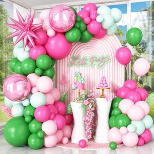 Pink Green Balloon Arch Garland Kit with Star Foil Balloons 4D Round Ball Balloons for Woodland Baby Shower Wedding Tropical Safari Birthday Party Decorations