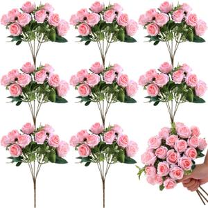 Zeyune 8 Pack 12 Inch Valentines Artificial Rose Bouquet Silk Roses Flowers Bunches Bulk Fake Roses for Wedding Bridal Home Office Garden Parties Decoration(Light Pink)