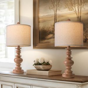 BOBOMOMO 20" Rustic Bedside Lamps Set of 2- Vintage Resin Table Lamps for Nightstands with Linen Shades, Farmhouse Lamps for Living Room, Bedroom, and Hallway (Light Brown) - Ideal for Compact Spaces