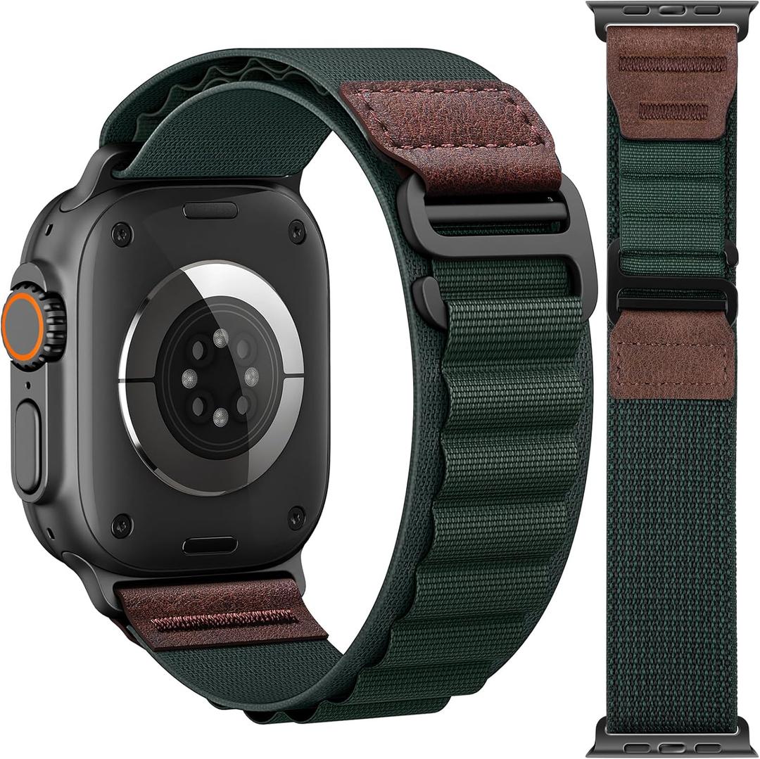 Alpine Loop with Leather Design for Apple Watch Ultra 3/2/1 Bands 49mm 46mm 45mm 44mm 42mm 41mm 40mm 38mm Men Women, Soft Stretchy Nylon Sport Band for iWatch Series 11 10 9 8 7 6 5 4 3 2 1, SE 3 2 1 (Dark Green)