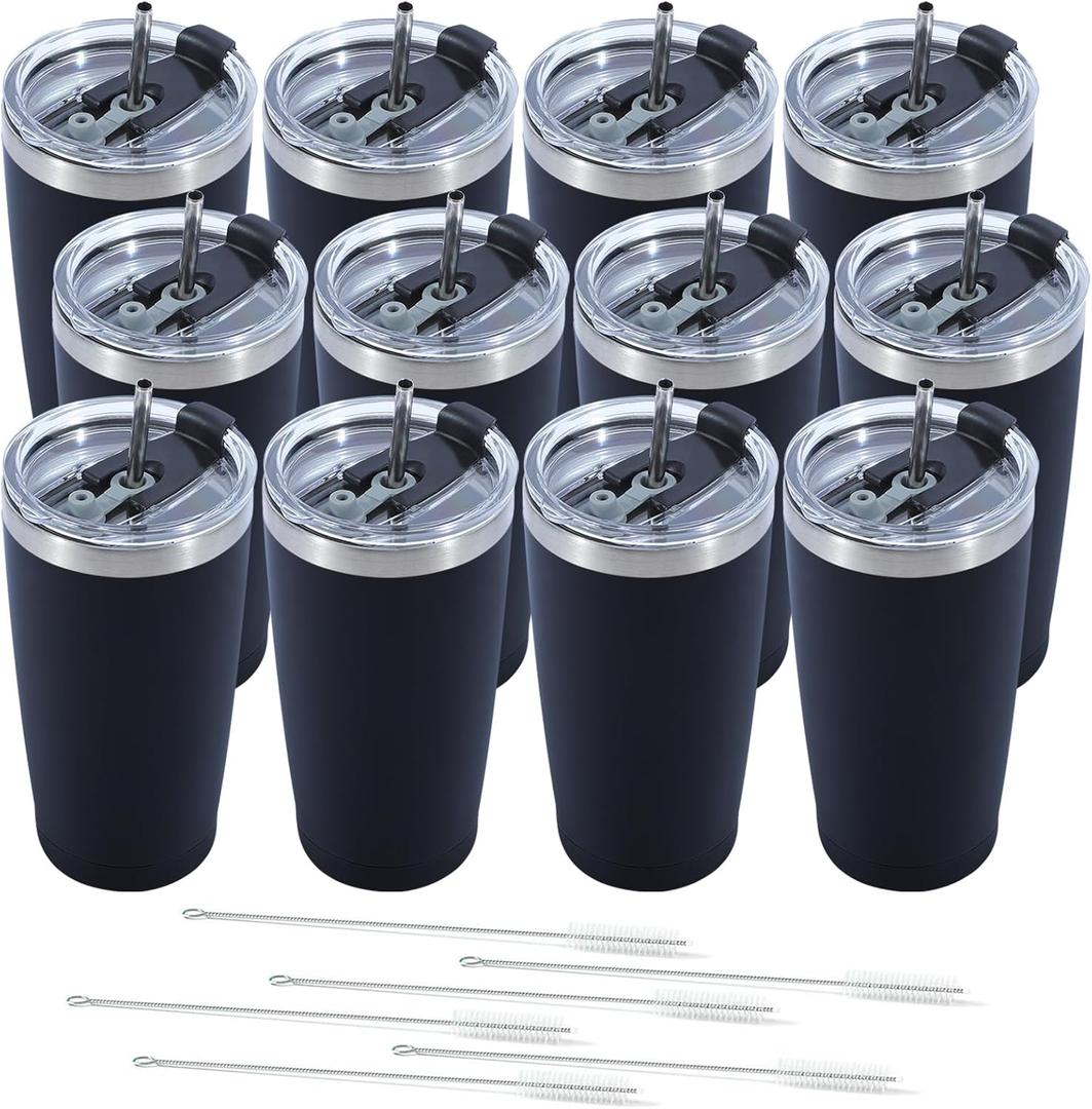 Dongni 20oz Tumbler Bulk Stainless Steel Vacuum Insulated Tumblers with Lid Double Wall Travel Mug Powder Coated Coffee Cup, Suitable for Ice Drinks and Hot BeverageBlack 12 pack