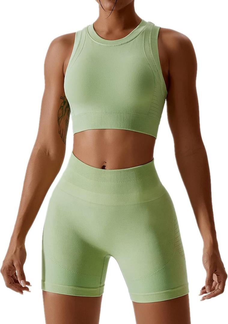ABOCIW Workout Sets for Women 2 Piece Seamless Ribbed Tank Top Sport Bra High Waist Biker Shorts GYM Yoga Exercise Outfits (Medium, Light Green)