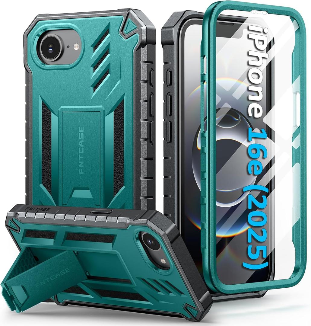 FNTCASE for iPhone 16e Phone Case: Military Grade [Built-in Screen Protector] [Kickstand] Matte Textured Drop Proof Protection Cover | Rugged Shockproof TPU Protective Sturdy Cases 2025 - Green