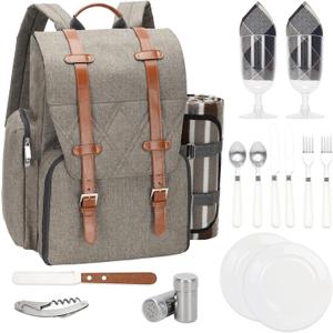 Picnic Backpack for 2 Person with Large Insulated Cooler Bag, Picnic Basket Set with Pouch, Waterproof Picnic Blanket & Cutlery Set. Perfect for Beach, Camping,Wedding Gift for Couple.Beige