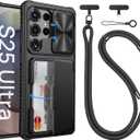 Vihibii for Samsung Galaxy S25 Ultra with Case Crossbody Lanyard Strap, Build-in Card Holder (4 Cards), [RFID Blocking] & Slide Camera Cover & Military Grade Drop Protection Wallet Cover, Black