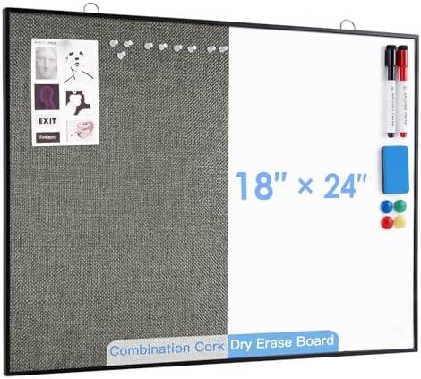 ARCOBIS Cork Board White Board Combo, 24"X18" Linen Bulletin Board Whiteboard for Wall, Double-Sided Magnetic Dry Erase Corkboard for Home, Office, School, Grey