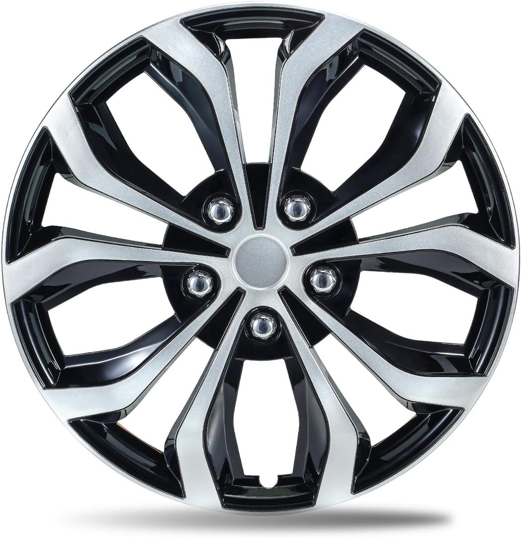 14 Inch Dual-Tone Black & Silver Wheel Covers Hubcaps for Steel Wheels, Set of 4, Adjustable Snap-On Design for Most Sedans, SUVs, Trucks & Vans, Tool-Free Install