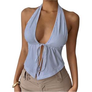 Floerns Women's Y2k Striped Tie Front Halter Tops Backless Going Out Tank Tops Small