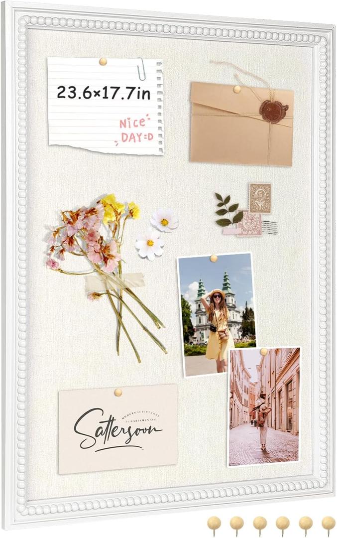 Framed Linen Bulletin Board - 18 x 24 inches Fabric Organizer Pinboard for Wall, Picture Display Vision Board, Cutecore Room Decor - Natural Linen with White Frame