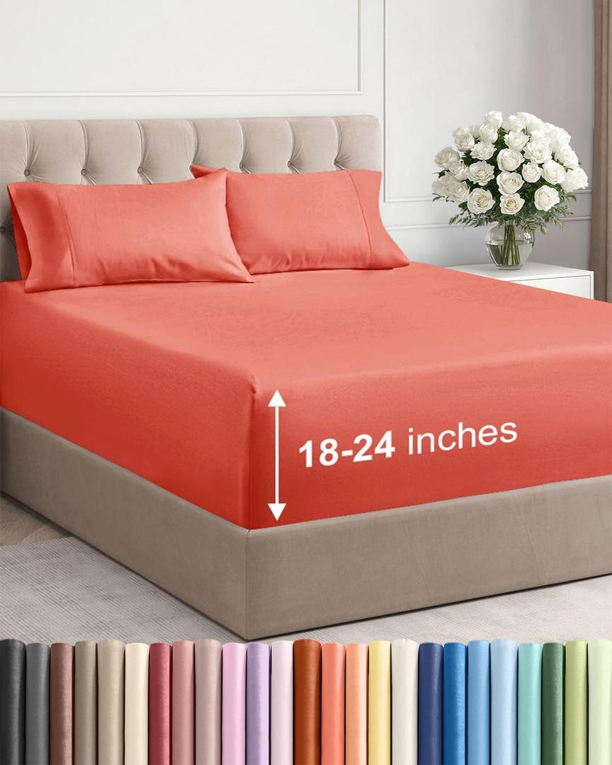Extra Deep Queen Sheet Set - 4 Piece Breathable & Cooling Bed Sheets - Easily Fits 18 to 24 inch Mattress - Ultra Soft, Wrinkle & Fade Free w/ Extra Deep Pockets - Comfy Hotel Luxury Bedding - Coral