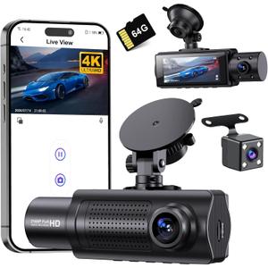 Miden X5 4K WiFi Dash Cam Front and Rear Inside, 2160P+1080P+1080P FHD 3 Channel Dash Camera for Cars, 360 All Sides Dashcam, Free 64G SD Card, G-Sensor, WDR, Night Vision, 24H Parking Monitor