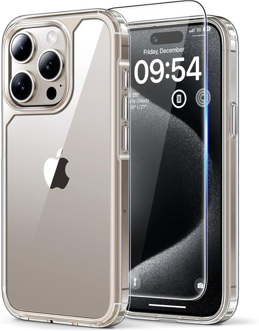 TAURI 3 in 1 for iPhone 15 Pro Case Clear, [Yellowing Resistant] with 2X Screen Protector, [Military-Grade Protection] Slim Shockproof Phone Case for iPhone 15 Pro 6.1 inch