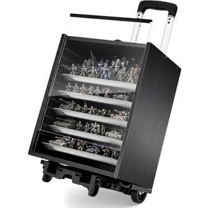 Miniature Display Case Miniatures Carrying Case for Transport and Storage with 1 Detachable Trailer and 5 Silver Metal Trays Display Shelf for Collectibles, Black