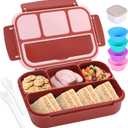 Shell and Turtle Bento Box Adult Lunch Box, Lunch Containers for Kids Girls Boys with 4 Compartments, Lunchable Food Container with Utensils, Sauce Jar, Muffin Liners, 40 Oz/5 Cup, Retro Red