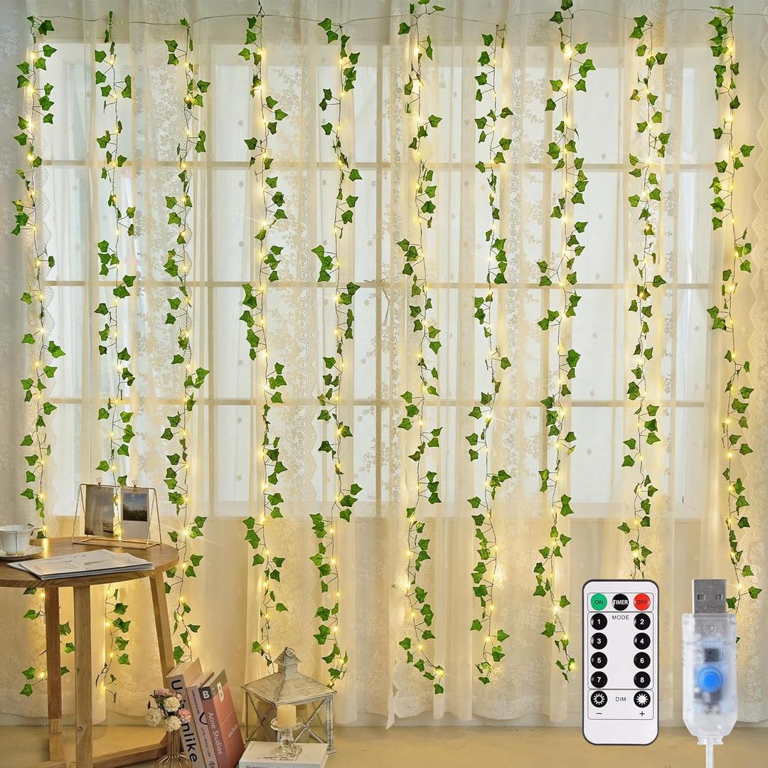 JMEXSUSS Vines Lights for Bedroom, 200 LED Vines Fairy Lights, Artificial Ivy Leaf Light for Wall Curtain Wedding Party Christmas Indoor Decor, 6.5ft x 6.5ft with Remote