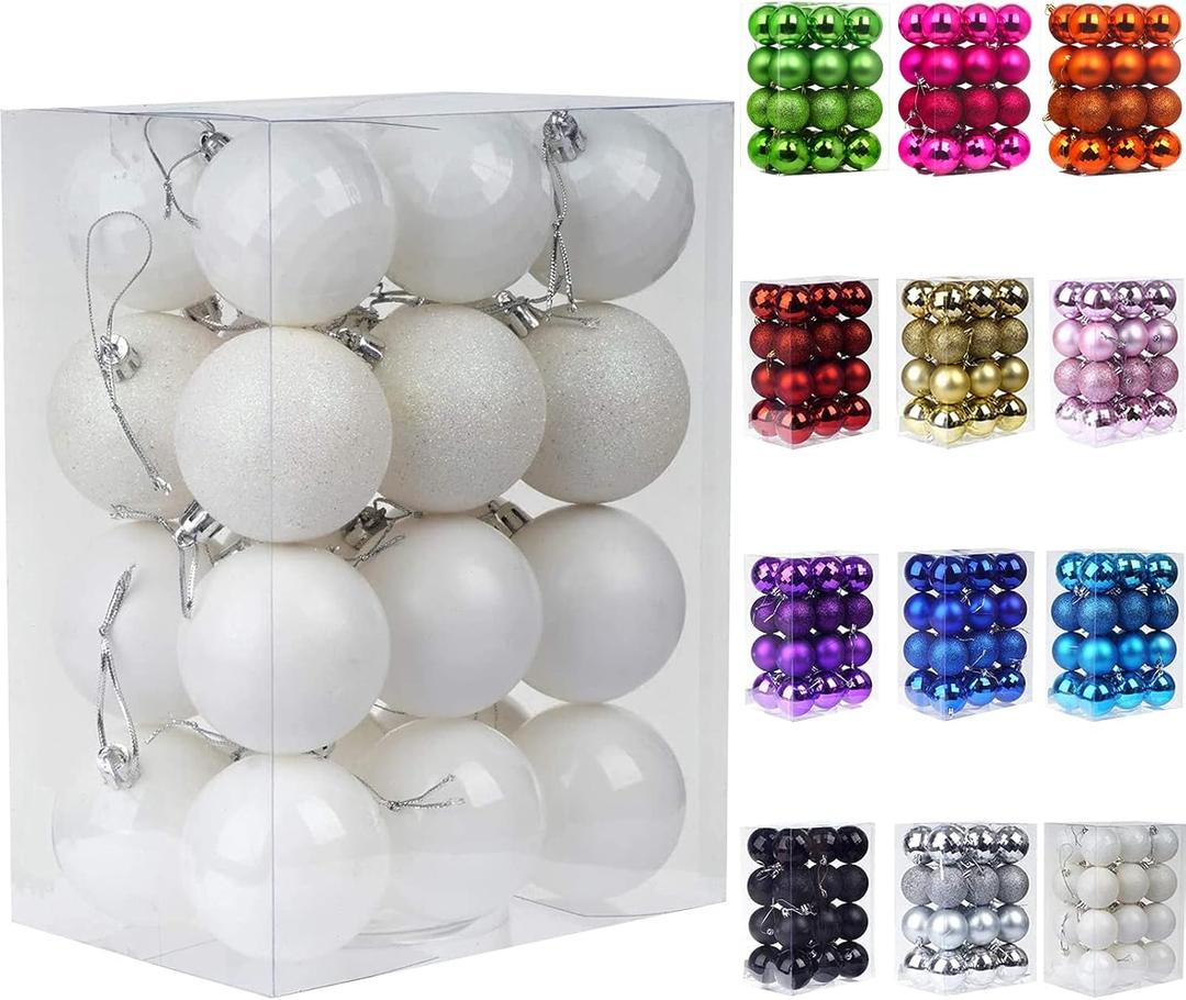 Emopeak 24Pcs Christmas Balls Ornaments for Xmas Christmas Tree - 4 Style Shatterproof Christmas Tree Decorations Hanging Ball for Holiday Wedding Party Decoration (White, 2.4"/6.2CM)