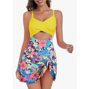 ZAFUL Women One Piece Swimdress Tummy Control Bathing Suit Push Up Swimsuit Modest Swimwear Cutout V Neck Cute Tie Knot Skirt S