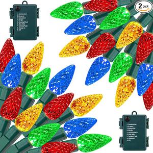 2 Pack 100LED C6 Christmas Lights Battery Operated, 16.4FT C6 Christmas Lights Battery Powered with Timer, 8 Modes, Waterproof for Outdoor Garden Patio Indoor Xmas Tree Bedroom Party, MultiColor