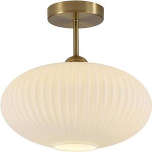 Mid Century Modern Brass Semi Flush Mount Ceiling Light Small Ribbed Milk Glass Flush Mount Ceiling Light Gold and White Flush Mount Light Vintage Hallway Lighting Fixtures