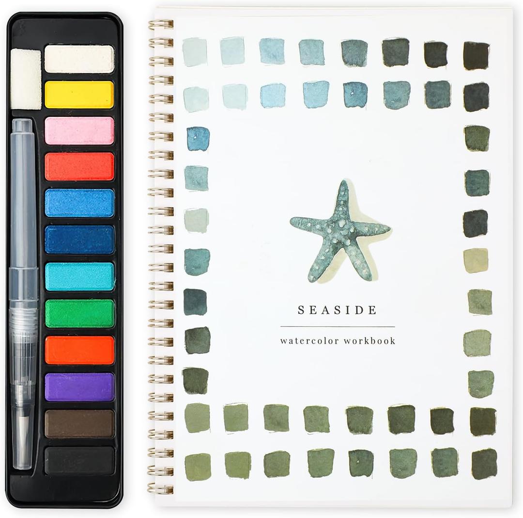 Watercolor Workbook, Watercolor Paint Set, Beginner-Friendly Watercolor Workbooks, with 12 Colors Watercolor Paint Set (Seaside)