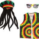 Tigerdoe Rasta Hat with Black Dreadlock Wig - 3 Pc Set - Reggae Hat, Vest & Sunglasses - Jamaican Costume Accessories