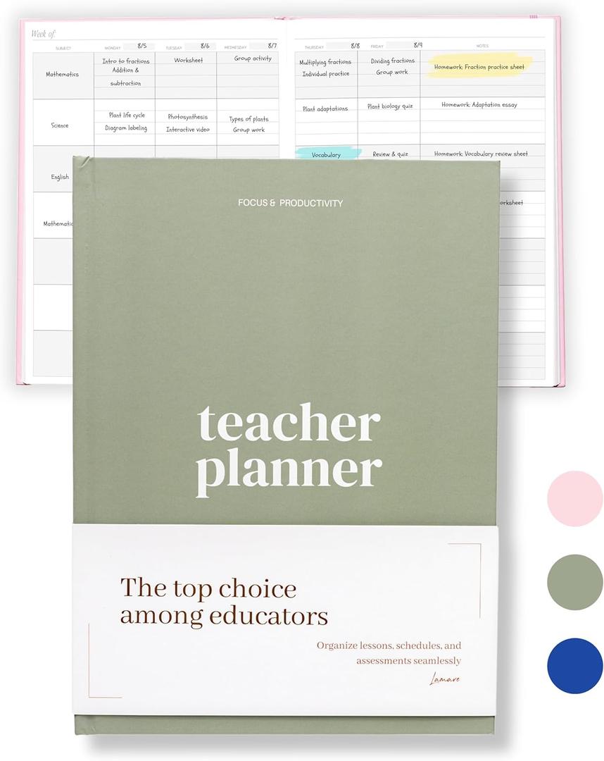 Lamare Teacher Planner 2026-2027  Hardcover Undated Planner & Lesson Planner Book for Teachers with Class Schedule, Student Info & Weekly Planning - 8x11" (Sage)