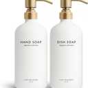 Vine Creations White Glass Soap Dispenser Set, Dish Soap and Hand Soap Dispenser Set with Stainless Steel Pump, 16 oz Glass Dispensers for Kitchen or Bathroom Decor (Matte White Bottle/Brushed Brass)