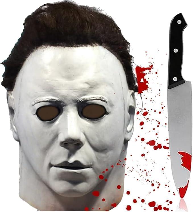Halloween Horror Mask Scary Latex Full Head Mask with Prop Knife Cosplay Costume Set Halloween Parties for Adults (White)
