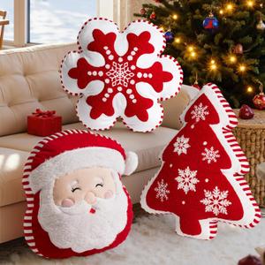 Lanpn Christmas Throw Pillows Set of 3, Christmas Decoration Winter Throw Pillows Snowflake Santa Claus Xmas Tree Cuhsion for Sofa Living Room Bedroom Xmas Decor (Red)