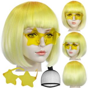 ANOGOL Hair Cap + (Sunglasses) Yellow Gradient Bob Wig with Bangs Womens Party Wigs with Star-Shaped Glasses Short Neon Wig Daily Party Fun Wigs Women Halloween Costume Bachelorette Hair