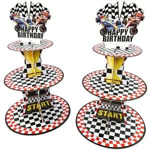 2 Pack of Race Cars Cupcake Stands Birthday Party Supplies, 3-Tier Two Fast Racing Car Cardboard Cupcake Holder Dessert Display, Cars Wheels Birthday Decorations