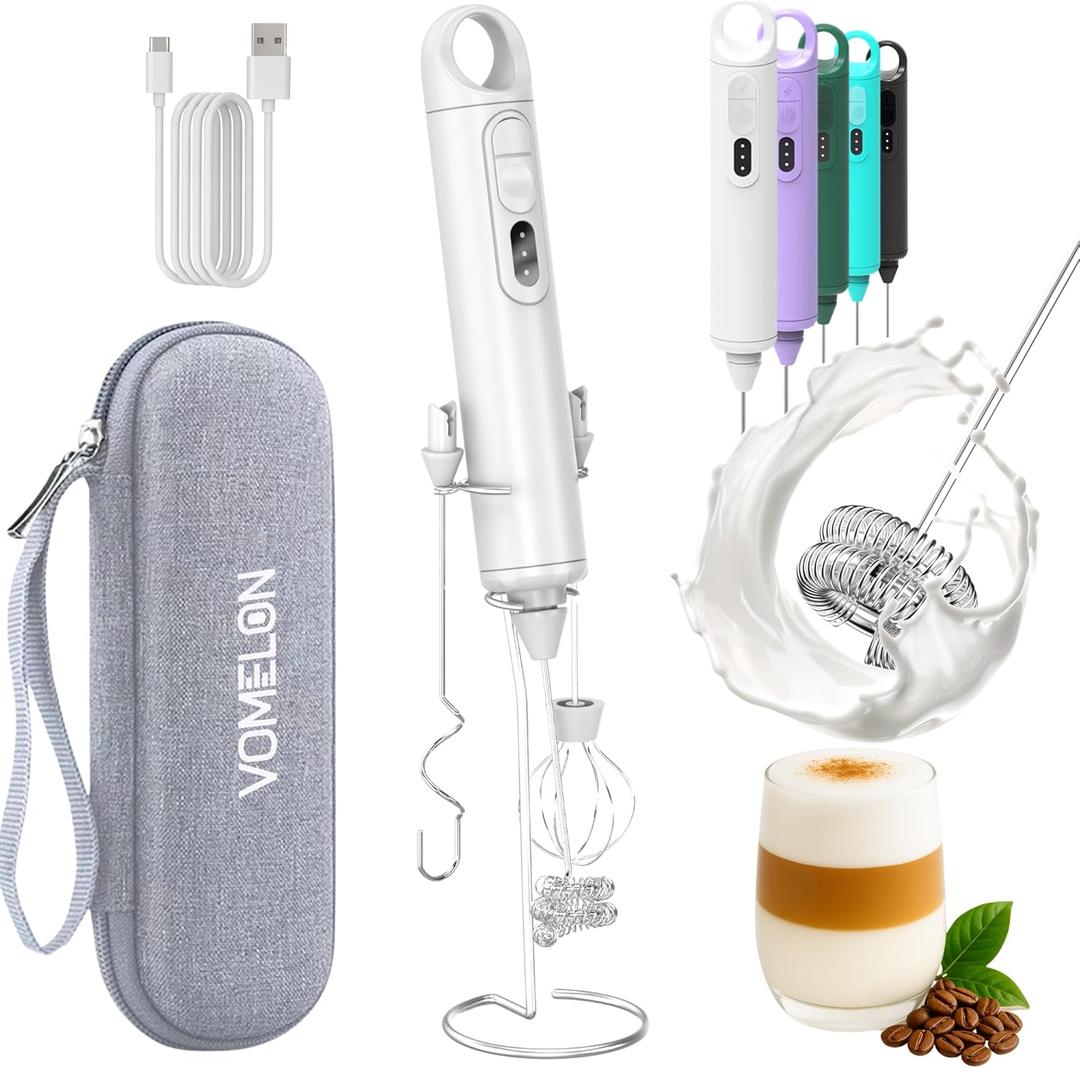 Rechargeable Milk Frother Handheld 3 Speed Coffee Foamer [3 Whisk] Electric Drink Mixer for Latte, Cappuccino, Coffee, Eggs, Hot Chocolate, White