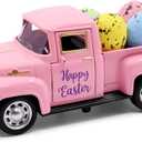 Huray Rayho Easter Truck with Eggs Metal Pink Vintage Farm Pickup Farmhouse Tabletop Tiered Tray Decor Home Kitchen Mantel Shelf Happy Spring Mini Diecast Truck Decorations