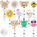 Teling 10 Pcs Crystal Badge Holders Retractable Badge Reel Rhinestone Cute Butterfly Bee Flamingo Flower Bling Badges Reels with Alligator Clip for Nurse ID Name Card Teacher Office Gift