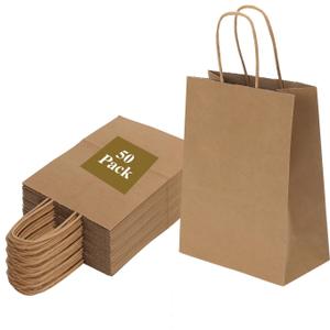 Joybe 50 Pack 5.95x3.25x8 Inch Small Brown Paper Bags with Handles Bulk, Kraft Paper Gift Bags for Birthday Party Favors Grocery Retail Shopping Business Goody Craft Sacks (Plain Natural, 50pcs)