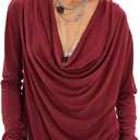 Cowl Neck Tops for Women Draped Blouses Shirt Loose Casual Dressy Top | Cotton Blend, Long Sleeve, Loose Fit, Off the Shoulder Top,Sexy, Elegant, Business Tops, Deep V Neck, Oversized (Red, M)