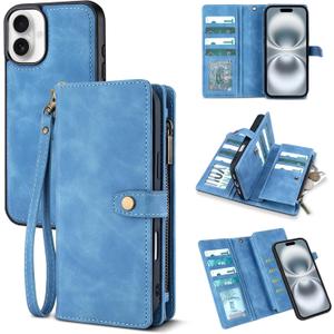 TwoHead Wallet Case Compatible with iPhone 16,Detachable Magnetic Phone Case,PU Leather All-Round Protective Cover Wallet with Card Holder/Change Pocket,6.1 in,Sky Blue