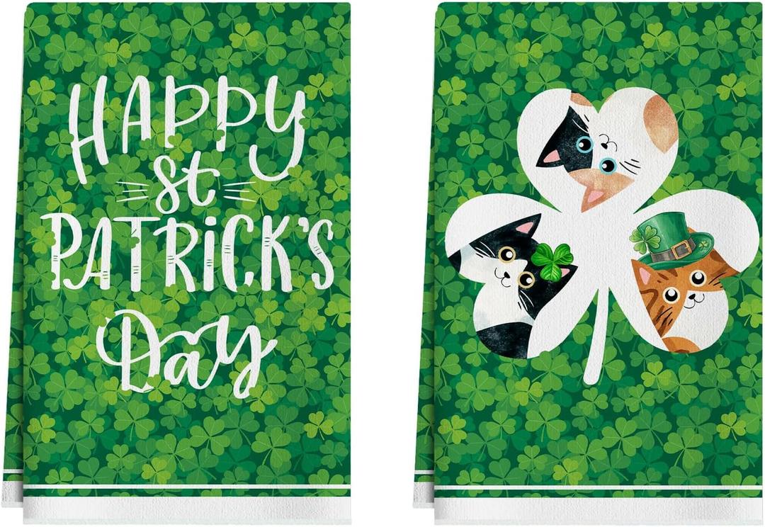 XCHI Green Shamrocks Clovers Cats Happy St. Patrick's Day Kitchen Towels Dish Towels 18x26 Inch Home Kitchen Decorations Hand Towels Set of 2 Drying Dishcloth