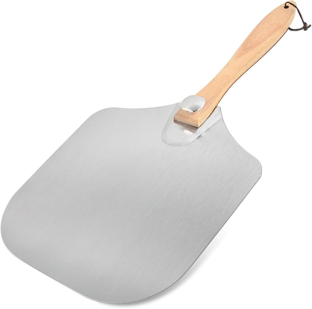 Luvan Aluminum Metal Pizza Peel With Foldable Wooden Handle - 12x14 Inch Paddle Spatula for Oven, Baking Homemade Pizza Bread