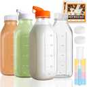 4 Pack 32 Oz Glass Milk Bottles with Nut Milk Bag & 2 Pour Spout & 2 Airtight Lids & Brush- 1Qt Scale Mark Drinking Jars Reusable Container for Milk, Juice, Water, Coffee for Refrigerator