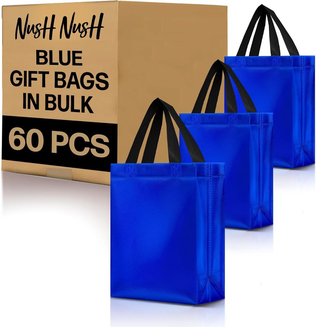 Nush Nush Shiny Blue Gift Bags Bulk Medium Size  Set of 60 Reusable Gift Bags With Handles - Ideal for Party Favors, Goodies, Birthday Parties, Small Business, Christmas and Holidays  8Wx4Dx10H