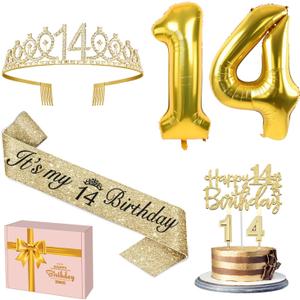 14th Birthday Decorations for Girls Gold with 14th Birthday Sash and Tiara, Candles and Cake Toppers, Number Balloon, 14 Year Old Gifts for Girls