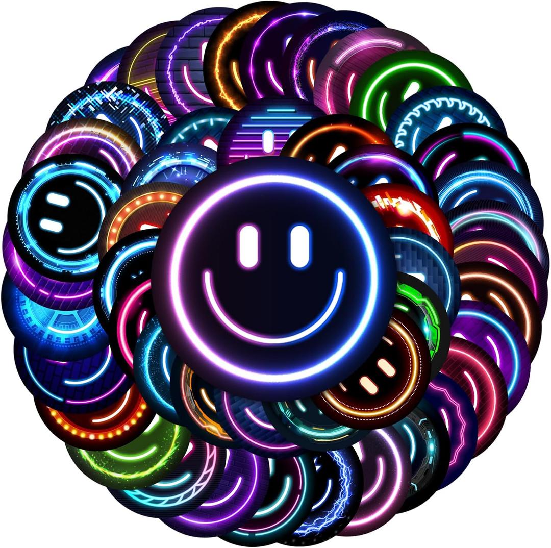 50PCS Smiling Neon Stickers, Cute Water Bottle Stickers for Kids, for Teaching Rewards, Notebooks, Stationery, Luggage, Cartoon PVC Happy Stickers
