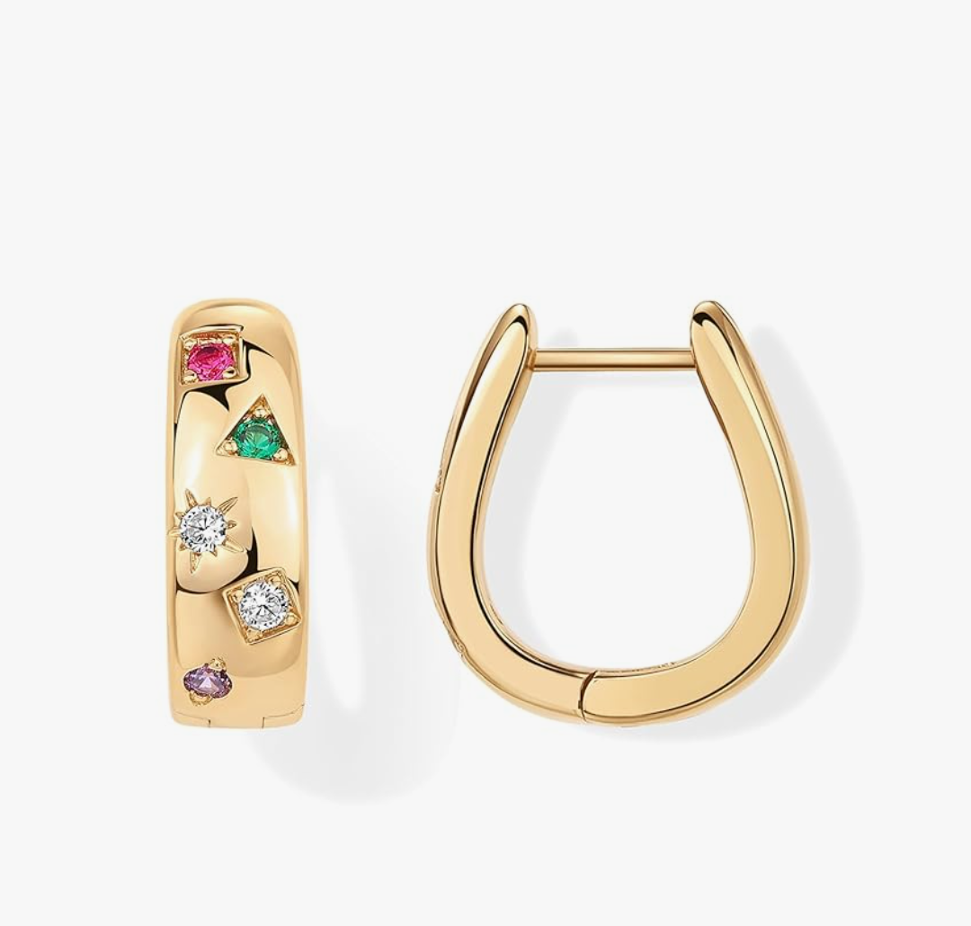 PAVOI 14K Gold Plated 925 Sterling Silver Posts Chunky Huggie Earrings for Women | Multi-Colored Cubic Zirconia Statement Hoop Earrings