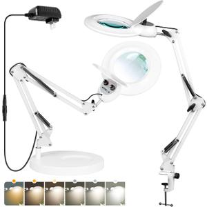 10X Magnifying Glass with Light and Stand, KIRKAS Upgrade Infinite Color Modes & Stepless Dimming LED Magnifying Lamp with Clamp, 2 in 1 Lighted Magnifier Lamp for Craft Reading Hobby Close Work-White