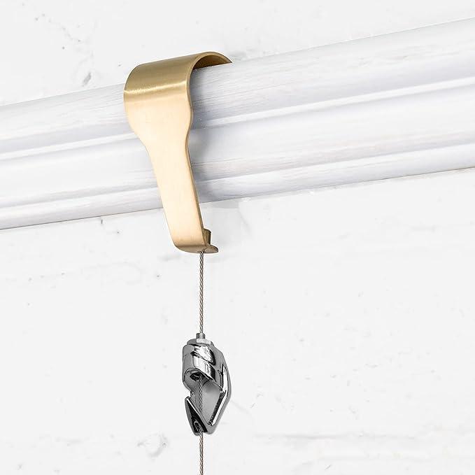 Picture Rail Molding Hangers, Art Gallery Quality - Instantly Adjustable: Choose Brushed Brass or Stainless Steel Hangers with 5 Molding Hooks, 5 Picture Hooks and 6.5-Foot Cables