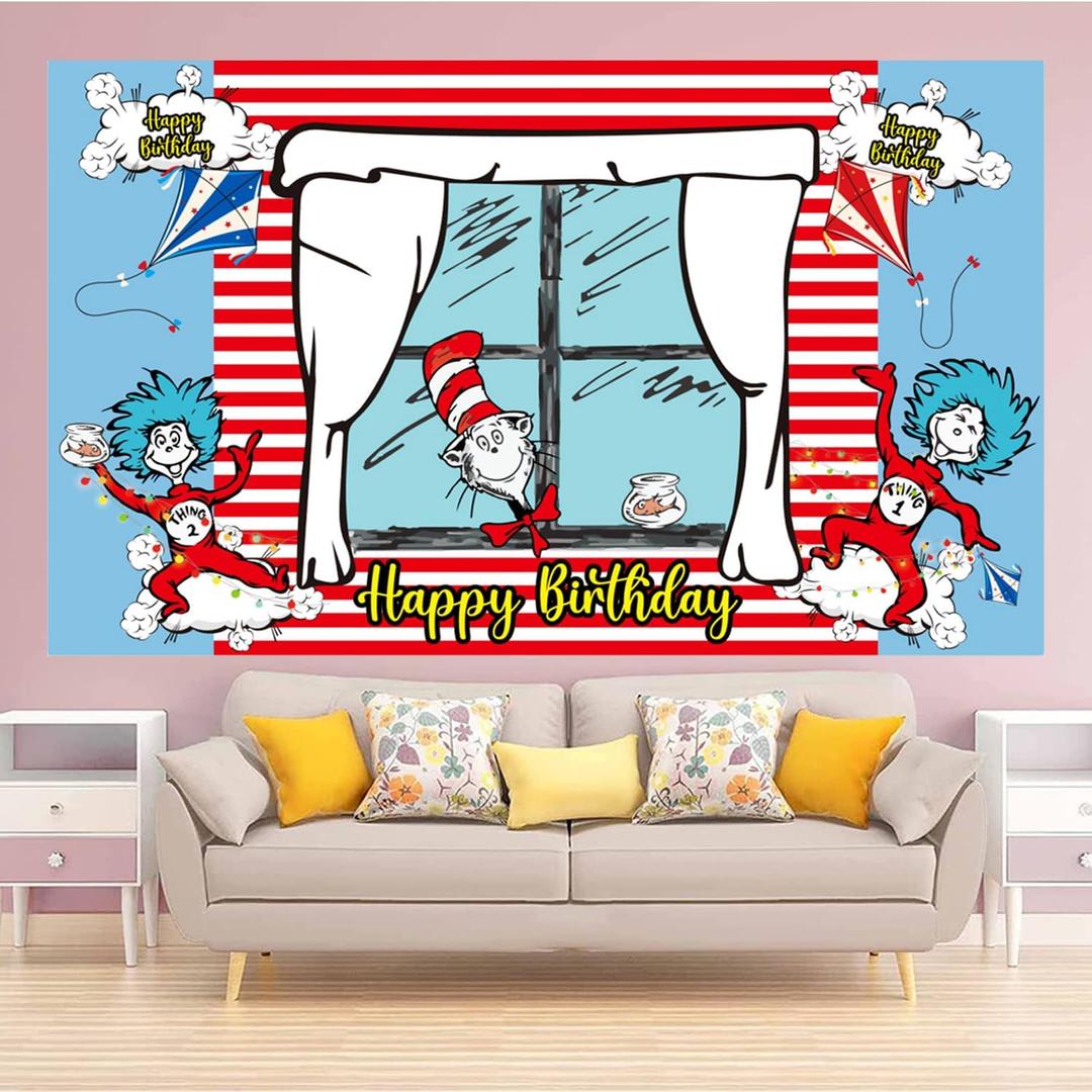 Happy Birthday Backdrop Banner 70.8X43.3 inches, Red and Blue Stripes Cartoon Window Kite Photography Background for Cat in The Hat Birthday Decoration
