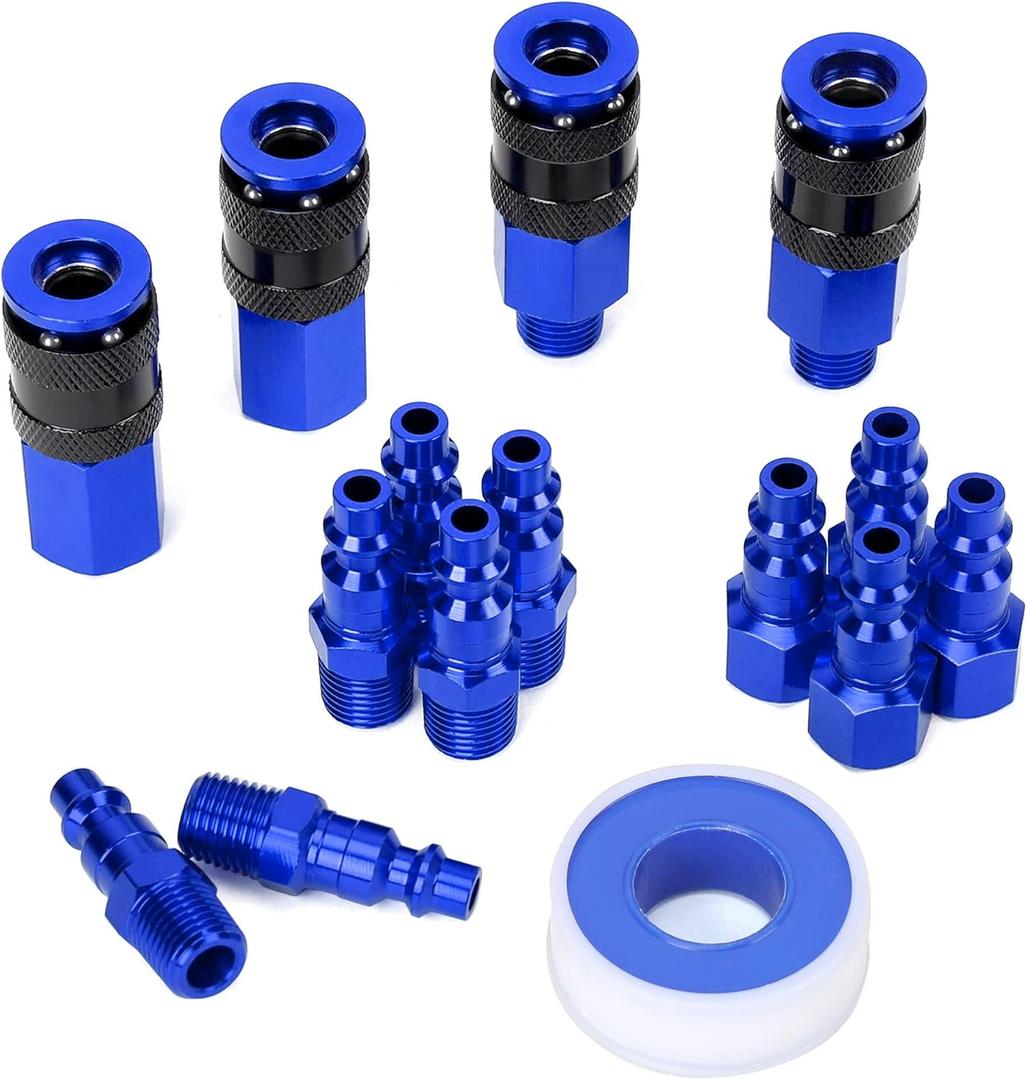 15 Pieces 1/4" NPT Aluminum Air Coupler and Plug Kit, Quick Connect Air Fittings, Industrial Quick Connector Set, (Blue)