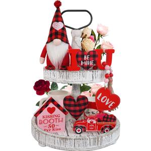 CRCZK Valentines Day Decor, 6pcs Valentines Gnome Tiered Tray Decoration Set, Buffalo Plaid Valentine Gnome Plush, 3 Valentine Wooden Signs, Valentine Bead Garland, Farmhouse Valentine Kitchech Decor