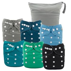 ALVABABY 6pcs Cloth Diaper Covers & 1 Wet Dry Bag, Washable Reusable Diaper Shell for Prefold with Multi-Functional Bag